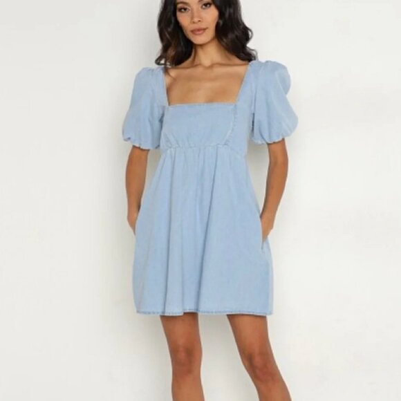 Show Me Your MuMu Smitten Sky Blue Puff Sleeve Mini 100% Cotton Sundress $158 - Picture 1 of 9